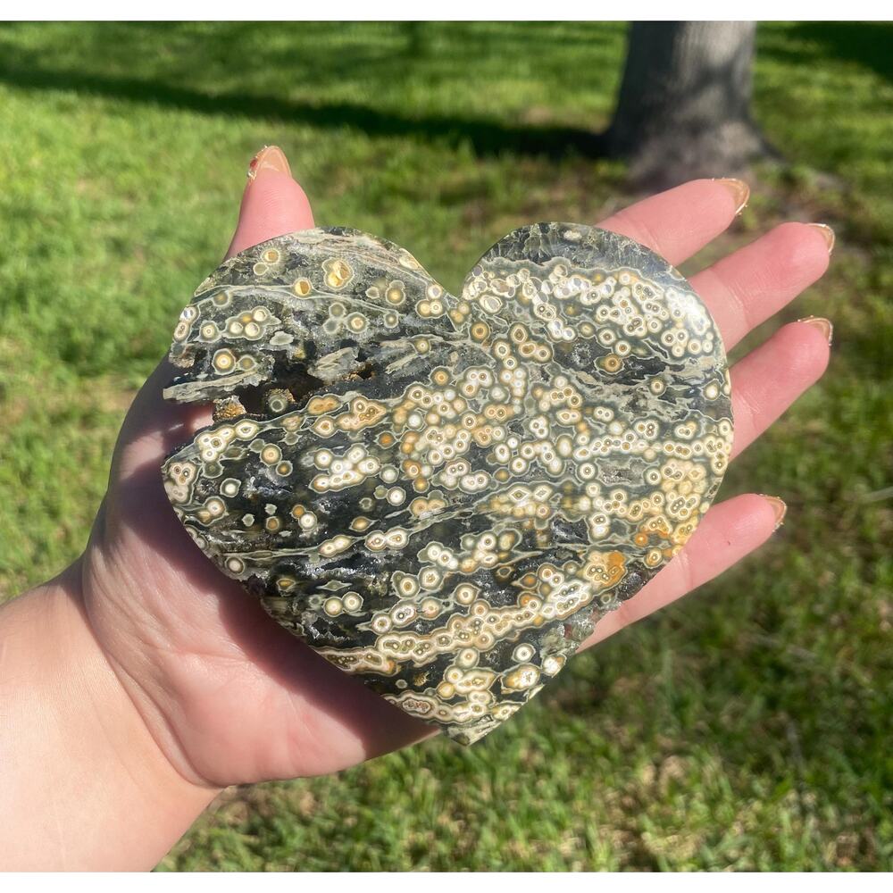 8th Vein Ocean Jasper Heart Carving , Large 248 g , Unique Orbicular Sea Jasper